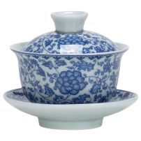 至作青花陶瓷盖碗 纯手工陶瓷茶碗 手绘功夫茶具三才盖碗茶杯