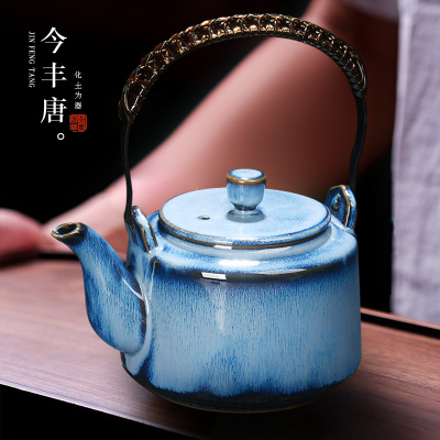 陶瓷茶壶单壶家用复古窑变大号酒店茶楼大容量老式冷凉水壶泡茶壶
