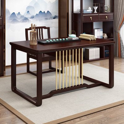 新中式实木书桌家用现代简约办公桌椅书房轻奢禅意写字台家具组合（配太师椅