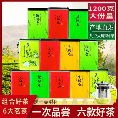 6大茗茶组合12罐共1200g金骏眉铁观音绿茶茉莉花茶小种红茶大红袍