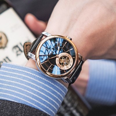宾卡达新款男士手表全自动机械表真皮带防水蓝光镜面手表