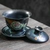 日式手工贴花盖碗陶瓷三才盖碗泡茶器功夫茶具配件白瓷大号泡茶碗